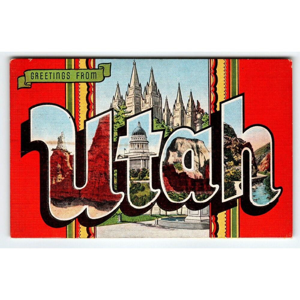 Greetings From Utah Large Big Letter Postcard Linen EC Kropp Vintage Unused